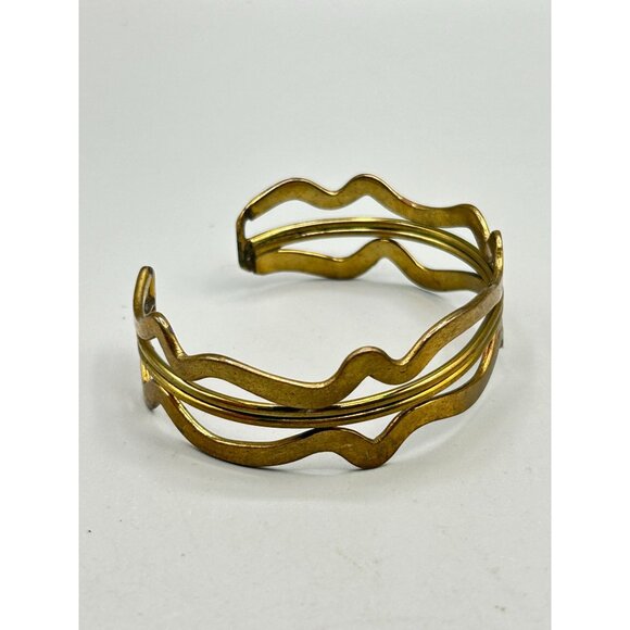 Brutalist Brass Wave Cuff Bracelet Irregular Hollow Handcrafted 70s Jewelry - Picture 4 of 9